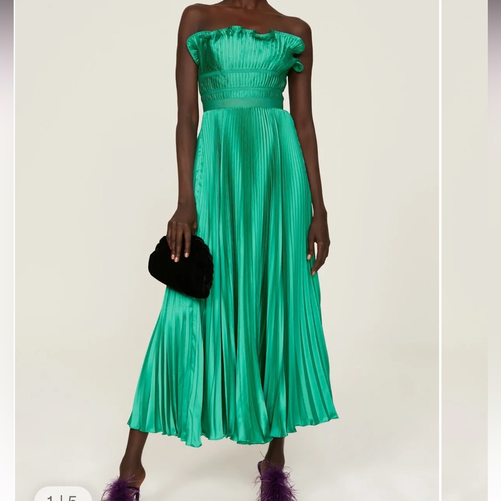 AMUR Emerald Green Strapless Pleated Maxi Gown